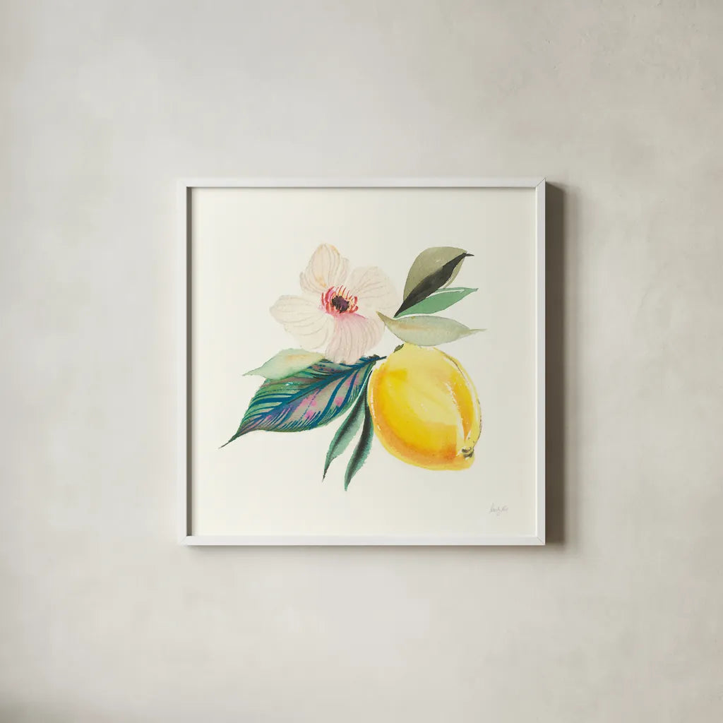 Citrus Summer III by Kristy Rice. Shown in a crisp white glass frame for a clean and minimalist style. Available as an archival giclee rolled canvas, fine art paper, or poster print. SKU 58104a.