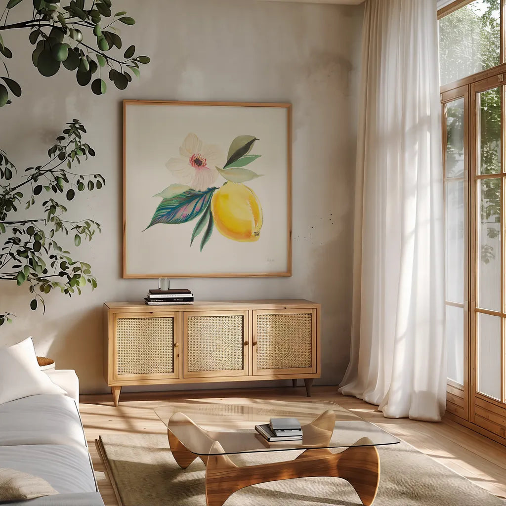 Citrus Summer III by Kristy Rice. Shown in a natural wood frame in a cozy modern living room. Available as an archival giclee rolled canvas, fine art paper, or poster print. SKU 58104a.