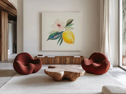 Citrus Summer III by Kristy Rice. Shown as extra-large giant wall art in a modern living room. Available as an archival giclee rolled canvas, fine art paper, or poster print. SKU 58104a.