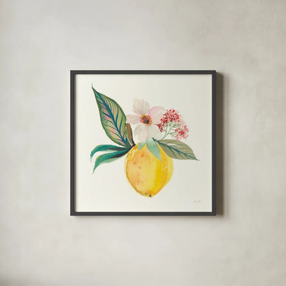 Citrus Summer IV by Kristy Rice. Shown in a sleek black glass frame for a contemporary gallery look. Available as an archival giclee rolled canvas, fine art paper, or poster print. SKU 58105a.
