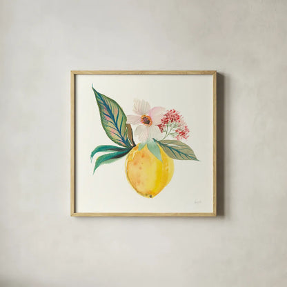 Citrus Summer IV by Kristy Rice. Shown in a natural wood glass frame for a timeless modern aesthetic. Available as an archival giclee rolled canvas, fine art paper, or poster print. SKU 58105a.