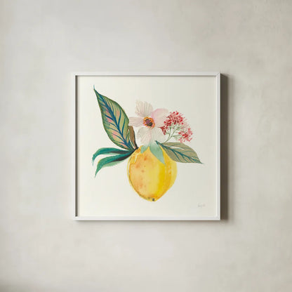 Citrus Summer IV by Kristy Rice. Shown in a crisp white glass frame for a clean and minimalist style. Available as an archival giclee rolled canvas, fine art paper, or poster print. SKU 58105a.