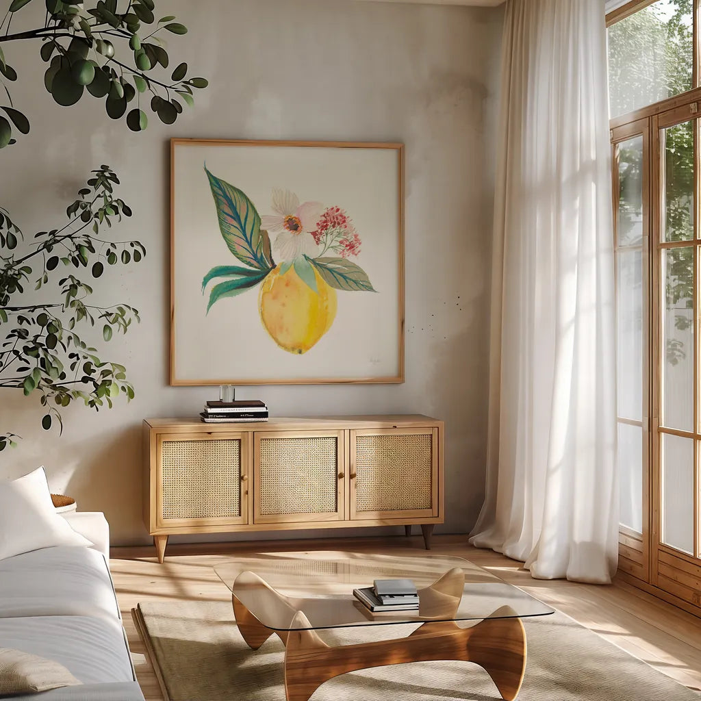 Citrus Summer IV by Kristy Rice. Shown in a natural wood frame in a cozy modern living room. Available as an archival giclee rolled canvas, fine art paper, or poster print. SKU 58105a.