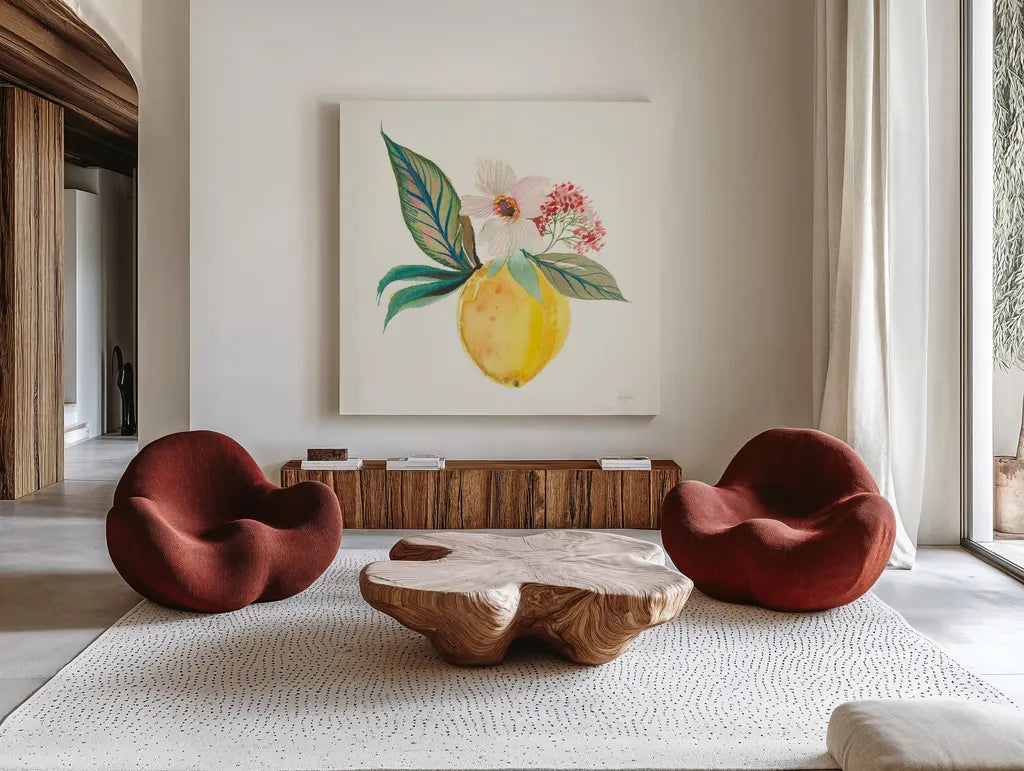 Citrus Summer IV by Kristy Rice. Shown as extra-large giant wall art in a modern living room. Available as an archival giclee rolled canvas, fine art paper, or poster print. SKU 58105a.