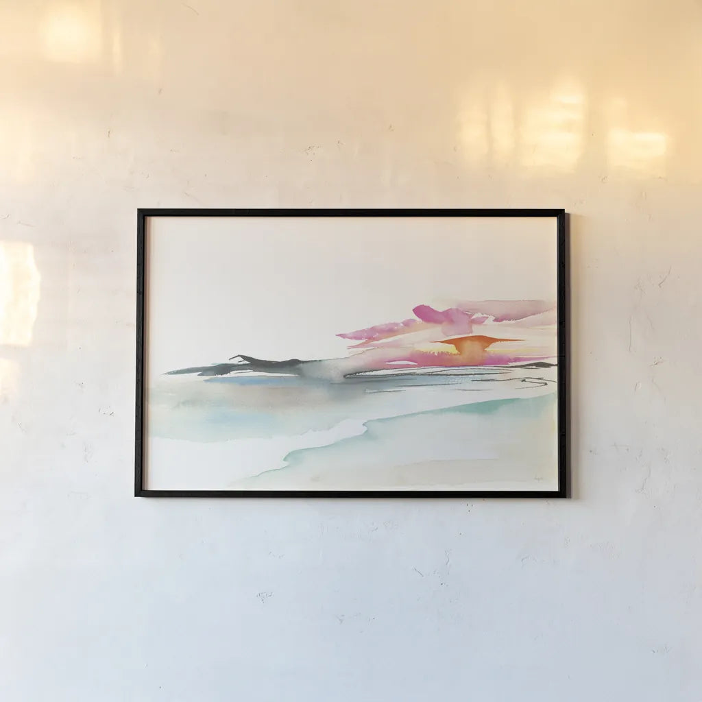 Coastal Sunset by Kristy Rice. shown as a paper print in a black flame. Available as a archival giclee rolled canvas, fine art paper, or poster print. SKU 59817i.