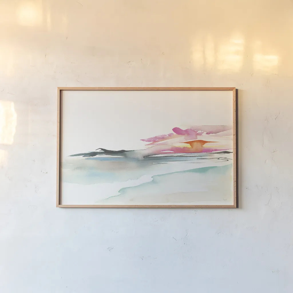 Coastal Sunset by Kristy Rice. shown as a paper print in a natural frame. Available as a archival giclee rolled canvas, fine art paper, or poster print. SKU 59817i.
