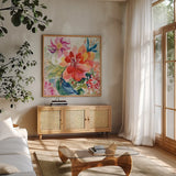 Colors of Spring by Kristy Rice. Shown in a natural wood frame in a cozy modern living room. Available as an archival giclee rolled canvas, fine art paper, or poster print. SKU 100914a.