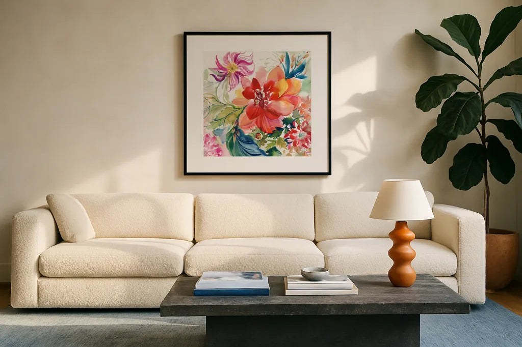 Colors of Spring by Kristy Rice. Displayed in a glass frame with matte in a clean modern living room. Available as an archival giclee rolled canvas, fine art paper, or poster print. SKU 100914a.