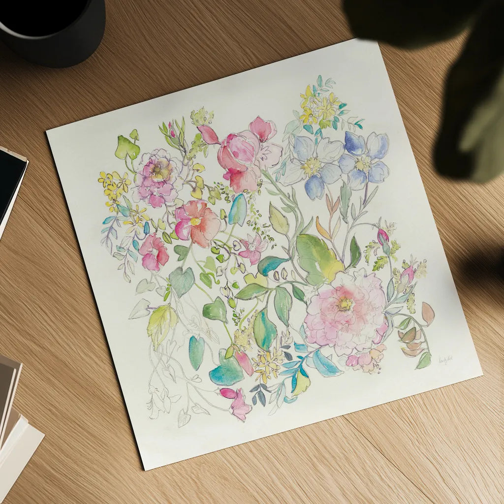 Cottage Blooms by Kristy Rice. Shown as a detailed flat fine art print, highlighting archival giclee quality. Available as an archival giclee rolled canvas, fine art paper, or poster print. SKU 65497a.