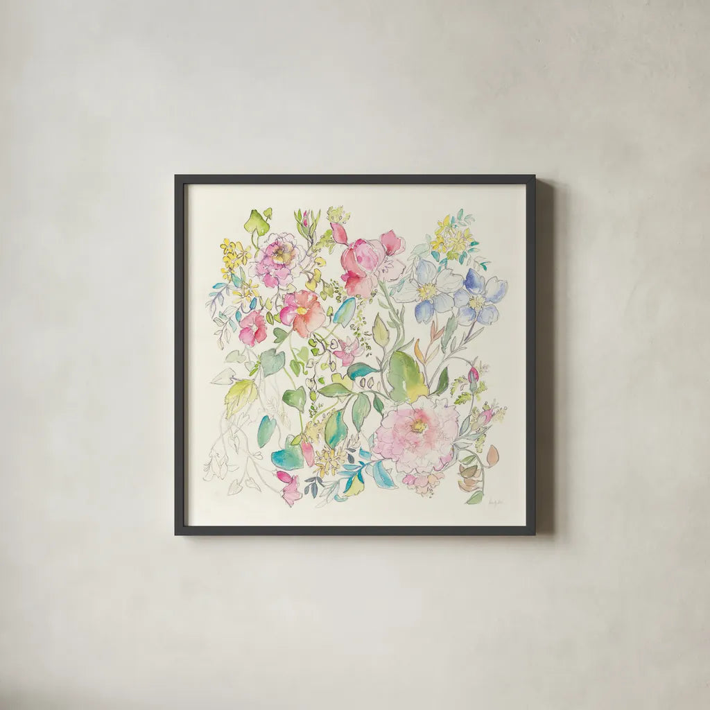 Cottage Blooms by Kristy Rice. Shown in a sleek black glass frame for a contemporary gallery look. Available as an archival giclee rolled canvas, fine art paper, or poster print. SKU 65497a.