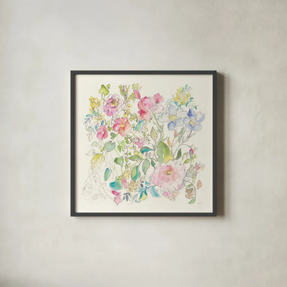Cottage Blooms by Kristy Rice. Shown in a sleek black glass frame for a contemporary gallery look. Available as an archival giclee rolled canvas, fine art paper, or poster print. SKU 65497a.