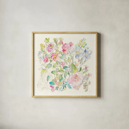 Cottage Blooms by Kristy Rice. Shown in a natural wood glass frame for a timeless modern aesthetic. Available as an archival giclee rolled canvas, fine art paper, or poster print. SKU 65497a.