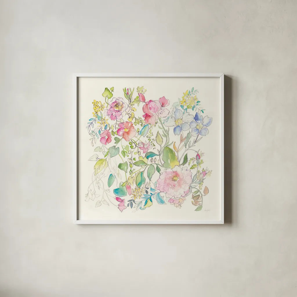 Cottage Blooms by Kristy Rice. Shown in a crisp white glass frame for a clean and minimalist style. Available as an archival giclee rolled canvas, fine art paper, or poster print. SKU 65497a.