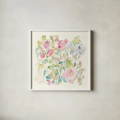 Cottage Blooms by Kristy Rice. Shown in a crisp white glass frame for a clean and minimalist style. Available as an archival giclee rolled canvas, fine art paper, or poster print. SKU 65497a.