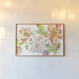 Dahlia Delight of the Day I by Kristy Rice. shown as a paper print in a natural frame. Available as a archival giclee rolled canvas, fine art paper, or poster print. SKU 35617i.