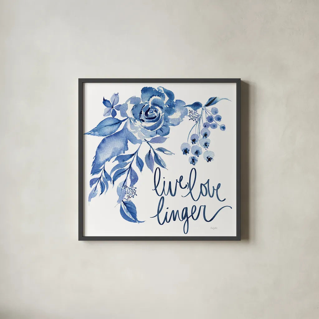 Delft Delight I by Kristy Rice. Shown in a sleek black glass frame for a contemporary gallery look. Available as an archival giclee rolled canvas, fine art paper, or poster print. SKU 43266a.