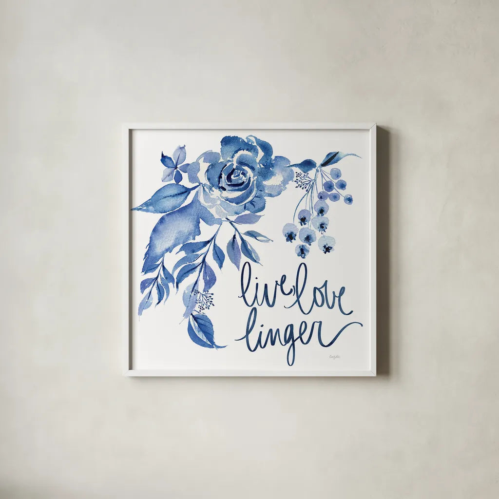 Delft Delight I by Kristy Rice. Shown in a crisp white glass frame for a clean and minimalist style. Available as an archival giclee rolled canvas, fine art paper, or poster print. SKU 43266a.