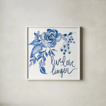 Delft Delight I by Kristy Rice. Shown in a crisp white glass frame for a clean and minimalist style. Available as an archival giclee rolled canvas, fine art paper, or poster print. SKU 43266a.