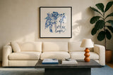 Delft Delight I by Kristy Rice. Displayed in a glass frame with matte in a clean modern living room. Available as an archival giclee rolled canvas, fine art paper, or poster print. SKU 43266a.