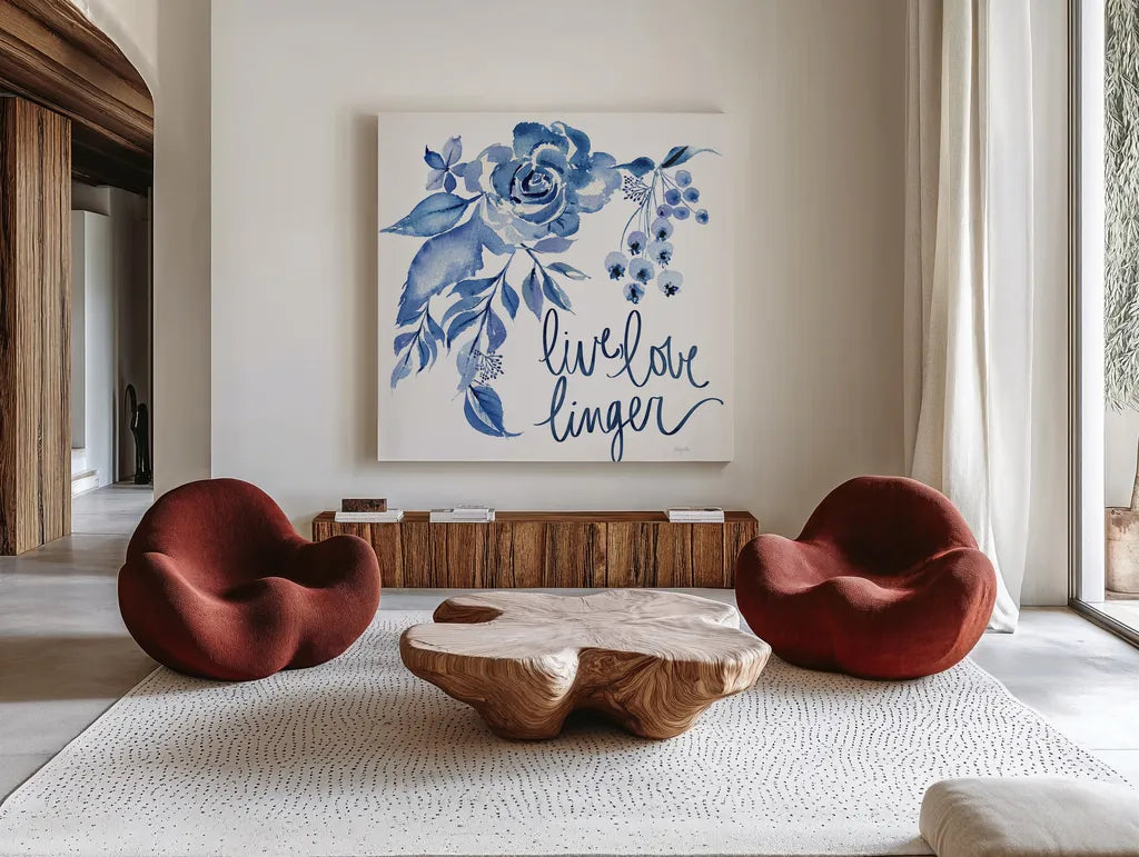 Delft Delight I by Kristy Rice. Shown as extra-large giant wall art in a modern living room. Available as an archival giclee rolled canvas, fine art paper, or poster print. SKU 43266a.