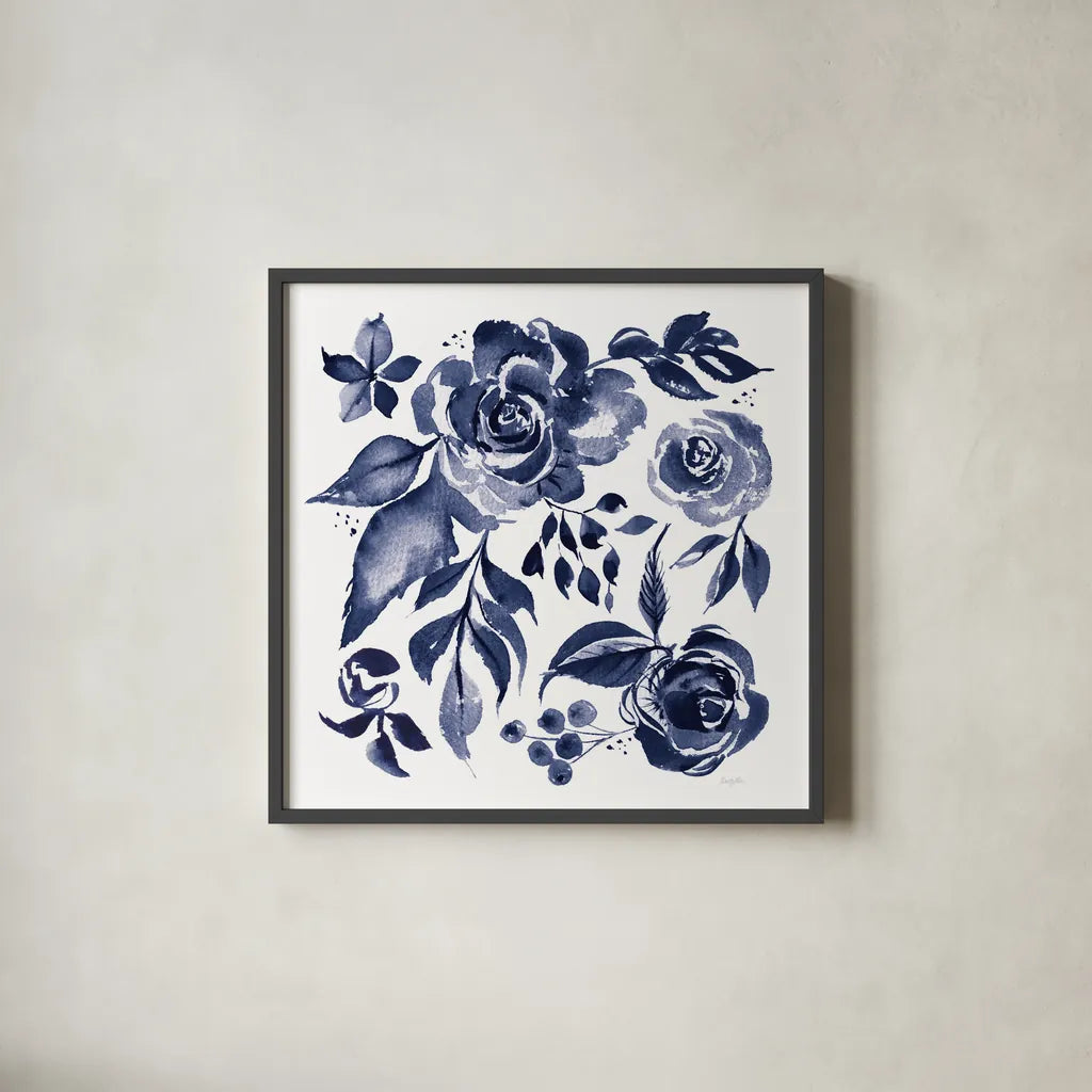Delft Delight I DB No Words by Kristy Rice. Shown in a sleek black glass frame for a contemporary gallery look. Available as an archival giclee rolled canvas, fine art paper, or poster print. SKU 59154a.