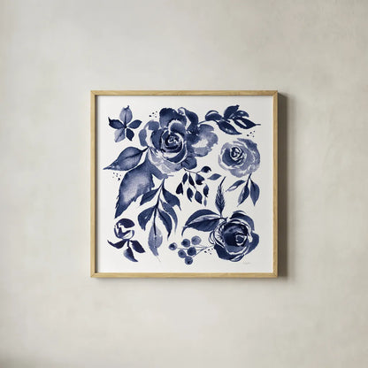 Delft Delight I DB No Words by Kristy Rice. Shown in a natural wood glass frame for a timeless modern aesthetic. Available as an archival giclee rolled canvas, fine art paper, or poster print. SKU 59154a.