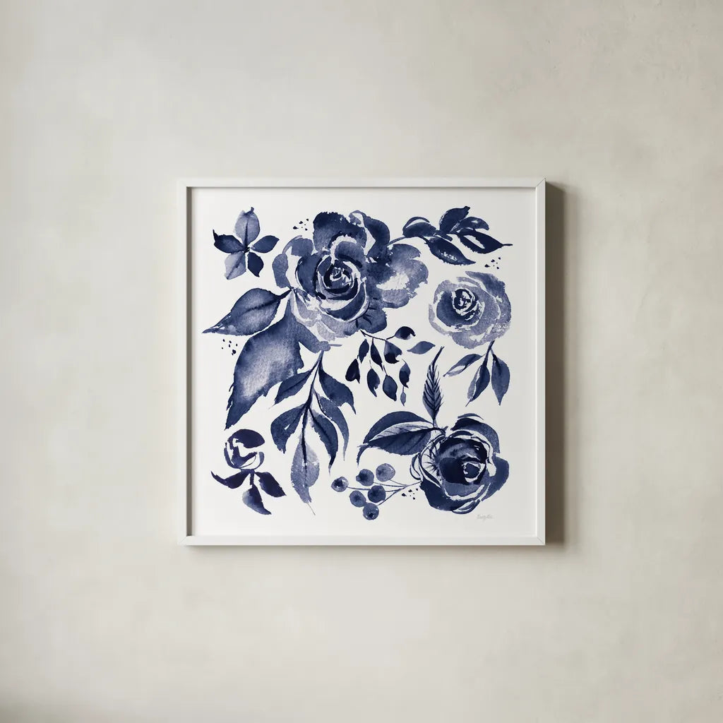 Delft Delight I DB No Words by Kristy Rice. Shown in a crisp white glass frame for a clean and minimalist style. Available as an archival giclee rolled canvas, fine art paper, or poster print. SKU 59154a.