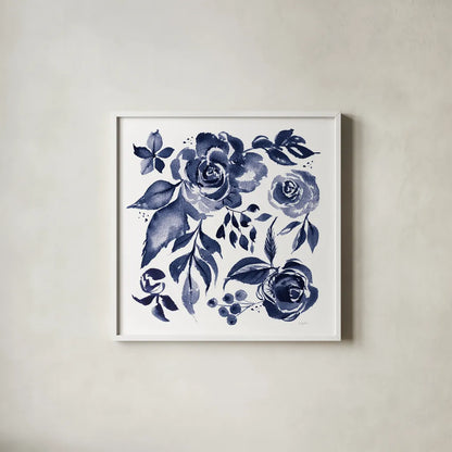 Delft Delight I DB No Words by Kristy Rice. Shown in a crisp white glass frame for a clean and minimalist style. Available as an archival giclee rolled canvas, fine art paper, or poster print. SKU 59154a.