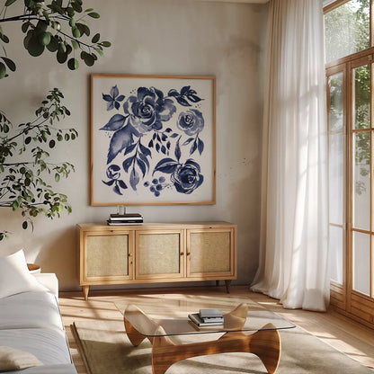 Delft Delight I DB No Words by Kristy Rice. Shown in a natural wood frame in a cozy modern living room. Available as an archival giclee rolled canvas, fine art paper, or poster print. SKU 59154a.