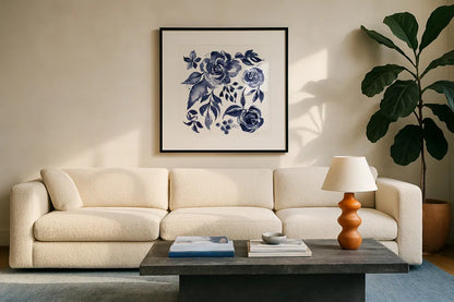 Delft Delight I DB No Words by Kristy Rice. Displayed in a glass frame with matte in a clean modern living room. Available as an archival giclee rolled canvas, fine art paper, or poster print. SKU 59154a.