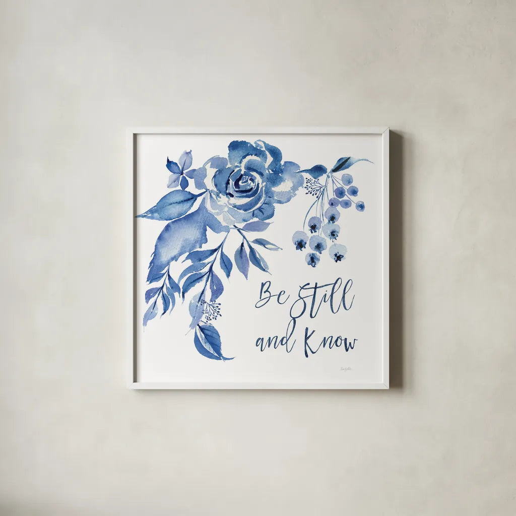Delft Delight I Know by Kristy Rice. Shown in a crisp white glass frame for a clean and minimalist style. Available as an archival giclee rolled canvas, fine art paper, or poster print. SKU 47424a.
