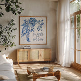 Delft Delight I Know by Kristy Rice. Shown in a natural wood frame in a cozy modern living room. Available as an archival giclee rolled canvas, fine art paper, or poster print. SKU 47424a.