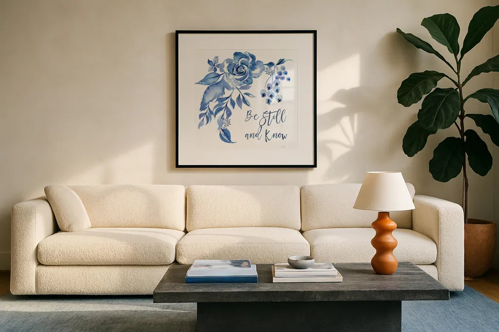 Delft Delight I Know by Kristy Rice. Displayed in a glass frame with matte in a clean modern living room. Available as an archival giclee rolled canvas, fine art paper, or poster print. SKU 47424a.