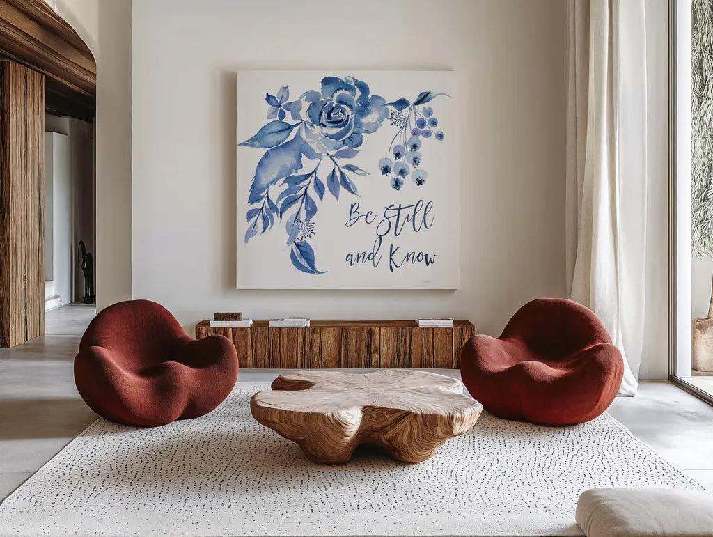 Delft Delight I Know by Kristy Rice. Shown as extra-large giant wall art in a modern living room. Available as an archival giclee rolled canvas, fine art paper, or poster print. SKU 47424a.