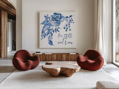 Delft Delight I Know by Kristy Rice. Shown as extra-large giant wall art in a modern living room. Available as an archival giclee rolled canvas, fine art paper, or poster print. SKU 47424a.