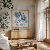 Delft Delight II by Kristy Rice. Shown in a natural wood frame in a cozy modern living room. Available as an archival giclee rolled canvas, fine art paper, or poster print. SKU 43267a.