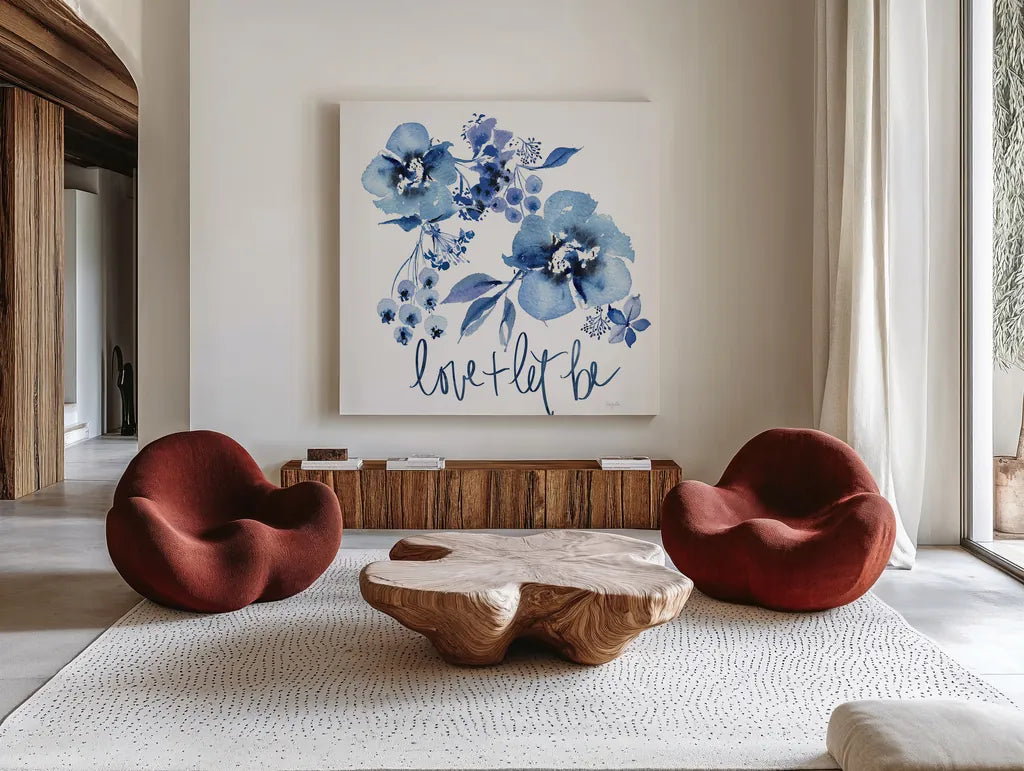 Delft Delight II by Kristy Rice. Shown as extra-large giant wall art in a modern living room. Available as an archival giclee rolled canvas, fine art paper, or poster print. SKU 43267a.
