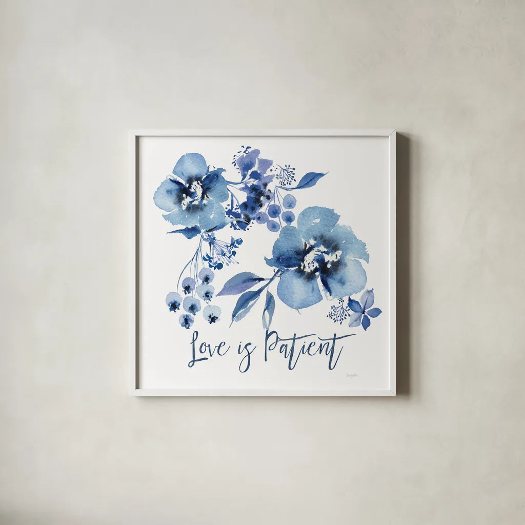 Delft Delight II Patient by Kristy Rice. Shown in a crisp white glass frame for a clean and minimalist style. Available as an archival giclee rolled canvas, fine art paper, or poster print. SKU 47425a.