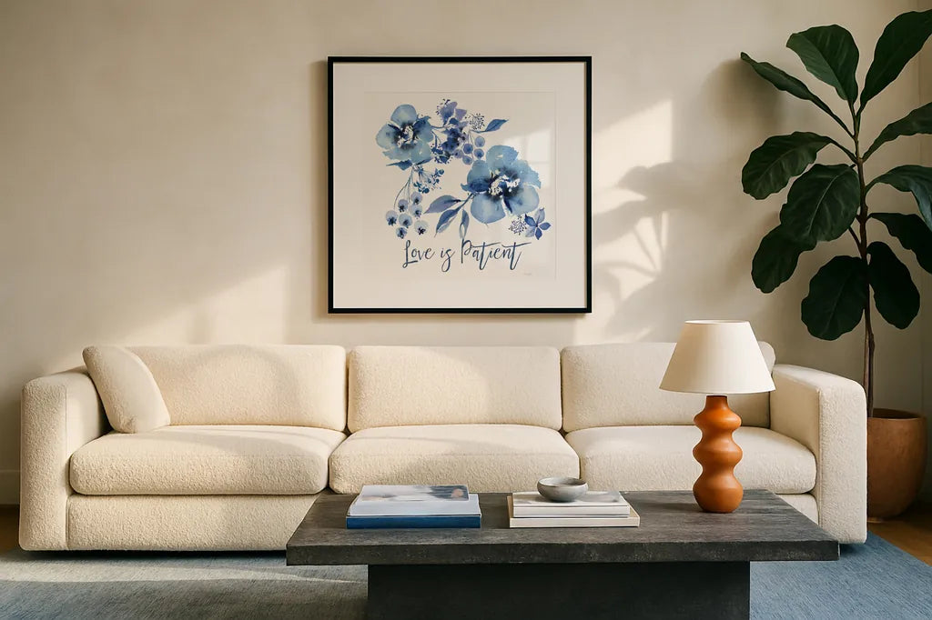 Delft Delight II Patient by Kristy Rice. Displayed in a glass frame with matte in a clean modern living room. Available as an archival giclee rolled canvas, fine art paper, or poster print. SKU 47425a.