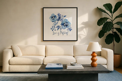 Delft Delight II Patient by Kristy Rice. Displayed in a glass frame with matte in a clean modern living room. Available as an archival giclee rolled canvas, fine art paper, or poster print. SKU 47425a.