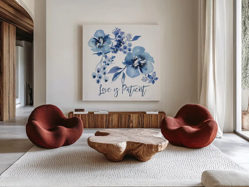 Delft Delight II Patient by Kristy Rice. Shown as extra-large giant wall art in a modern living room. Available as an archival giclee rolled canvas, fine art paper, or poster print. SKU 47425a.
