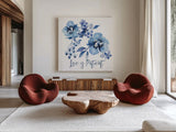 Delft Delight II Patient by Kristy Rice. Shown as extra-large giant wall art in a modern living room. Available as an archival giclee rolled canvas, fine art paper, or poster print. SKU 47425a.