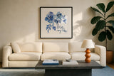 Delft Delight III by Kristy Rice. Displayed in a glass frame with matte in a clean modern living room. Available as an archival giclee rolled canvas, fine art paper, or poster print. SKU 43268a.