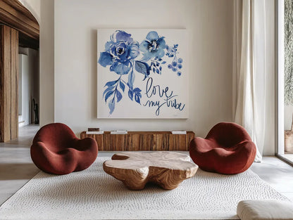 Delft Delight III by Kristy Rice. Shown as extra-large giant wall art in a modern living room. Available as an archival giclee rolled canvas, fine art paper, or poster print. SKU 43268a.