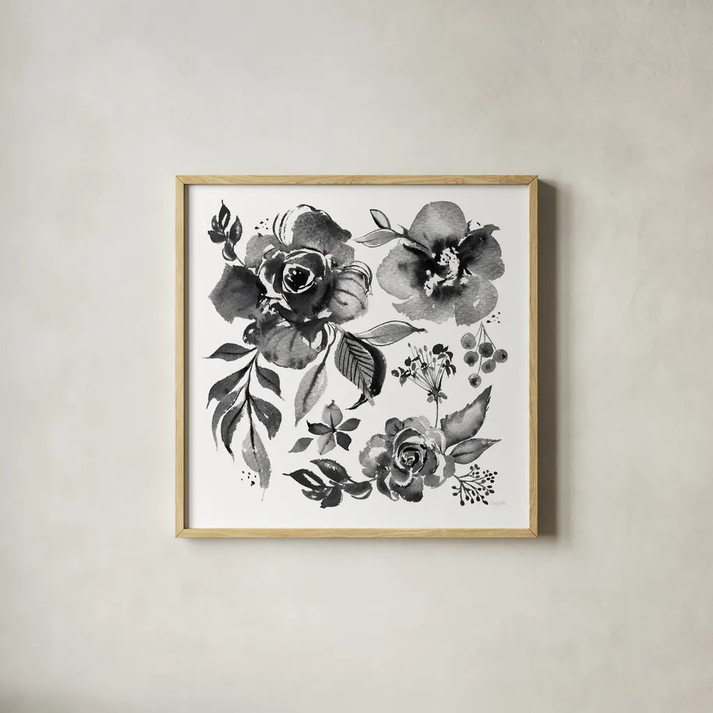 Delft Delight III Black No Words by Kristy Rice. Shown in a natural wood glass frame for a timeless modern aesthetic. Available as an archival giclee rolled canvas, fine art paper, or poster print. SKU 66485a.