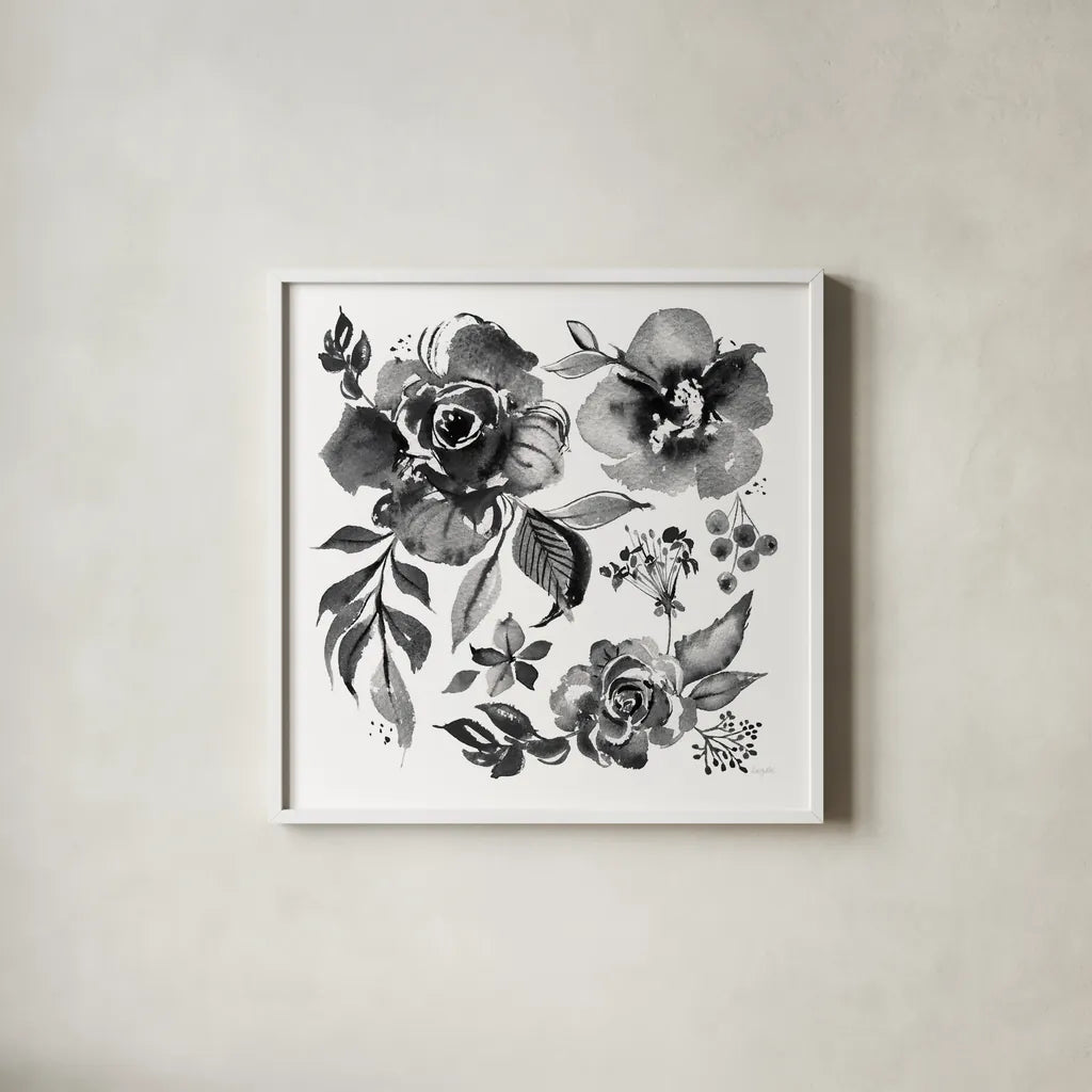 Delft Delight III Black No Words by Kristy Rice. Shown in a crisp white glass frame for a clean and minimalist style. Available as an archival giclee rolled canvas, fine art paper, or poster print. SKU 66485a.
