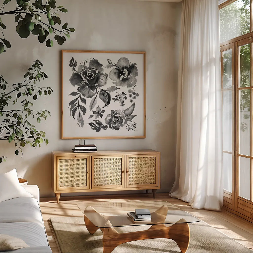 Delft Delight III Black No Words by Kristy Rice. Shown in a natural wood frame in a cozy modern living room. Available as an archival giclee rolled canvas, fine art paper, or poster print. SKU 66485a.