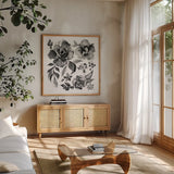 Delft Delight III Black No Words by Kristy Rice. Shown in a natural wood frame in a cozy modern living room. Available as an archival giclee rolled canvas, fine art paper, or poster print. SKU 66485a.