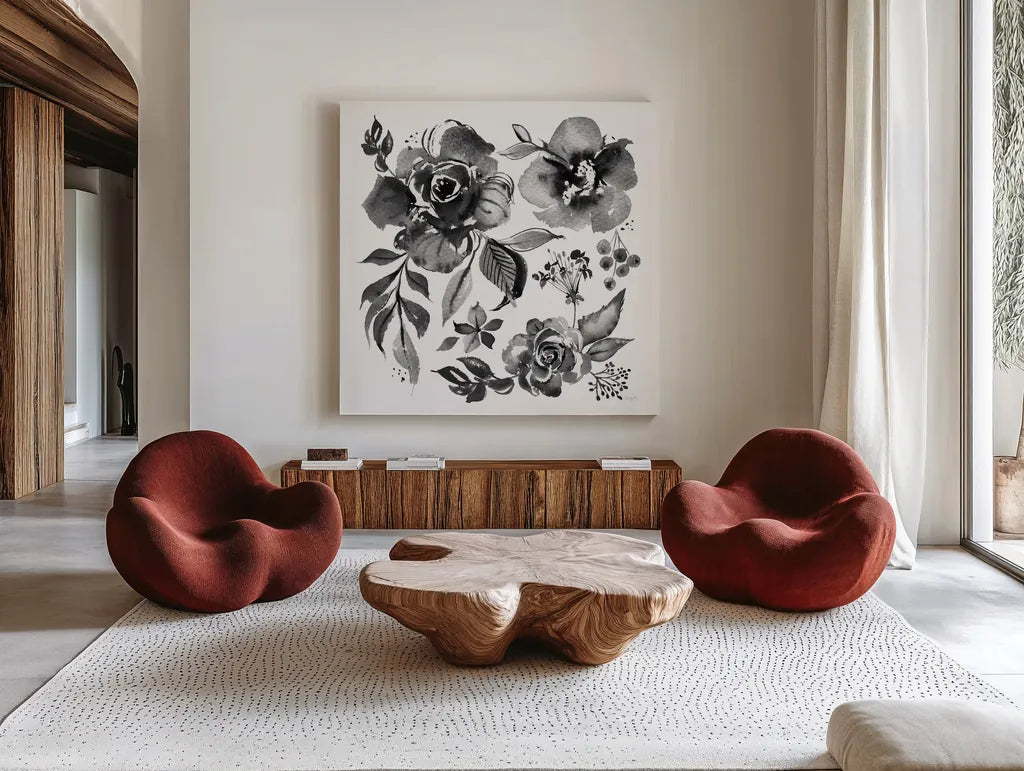 Delft Delight III Black No Words by Kristy Rice. Shown as extra-large giant wall art in a modern living room. Available as an archival giclee rolled canvas, fine art paper, or poster print. SKU 66485a.