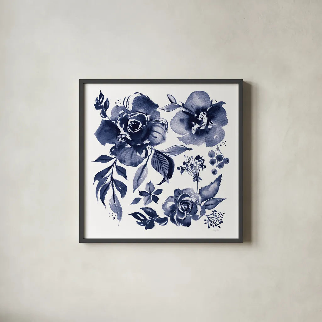Delft Delight III DB No Words by Kristy Rice. Shown in a sleek black glass frame for a contemporary gallery look. Available as an archival giclee rolled canvas, fine art paper, or poster print. SKU 59156a.